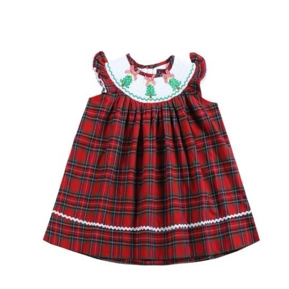 Lil Cactus Other - Lil Cactus Red & Green Plaid Christmas Tree Smocked Bishop Dress 12-24 months